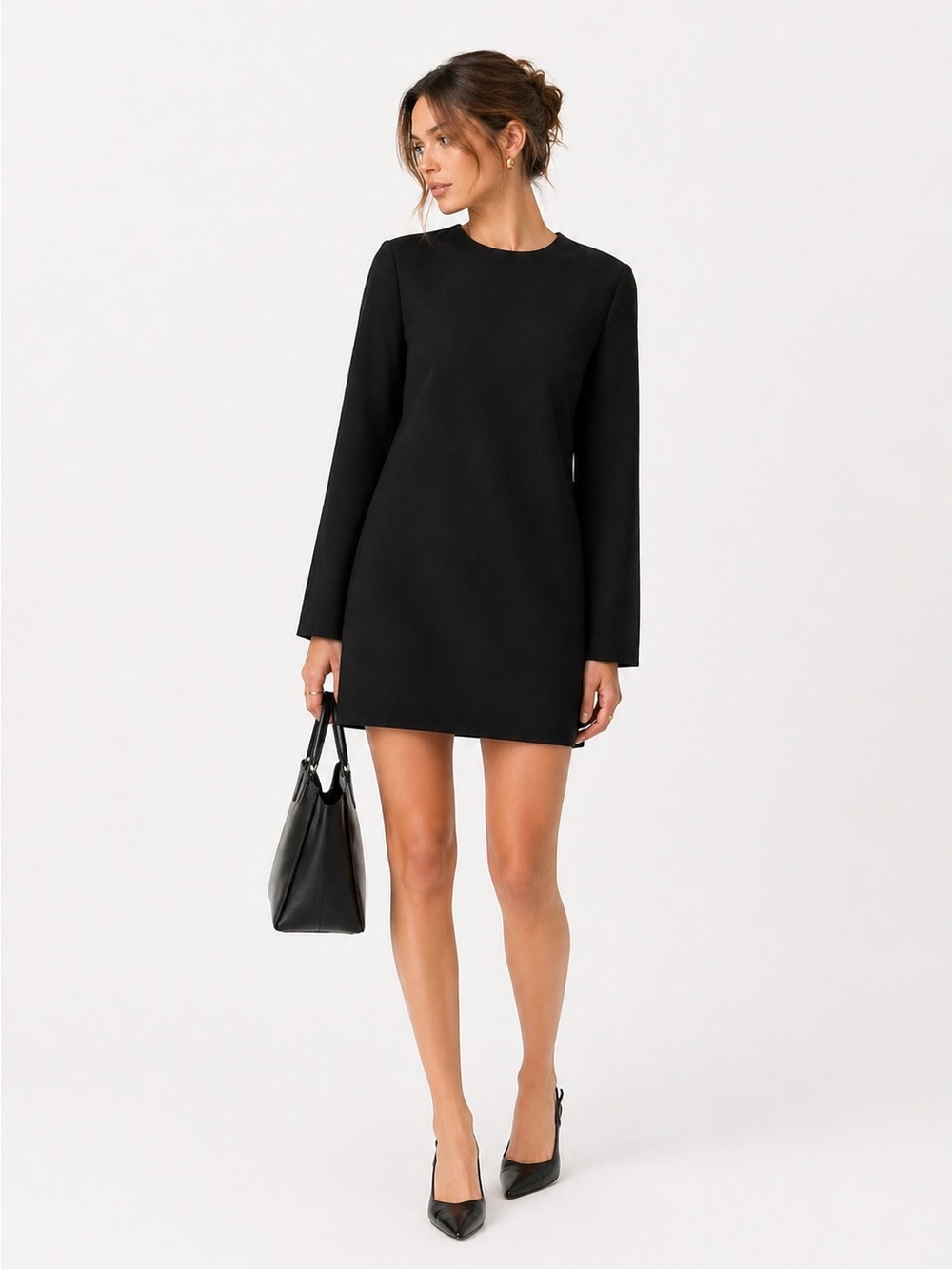 Aritzia Babaton Black Crepe Mini Dress Long Sleeve Minimal Shift LBD
